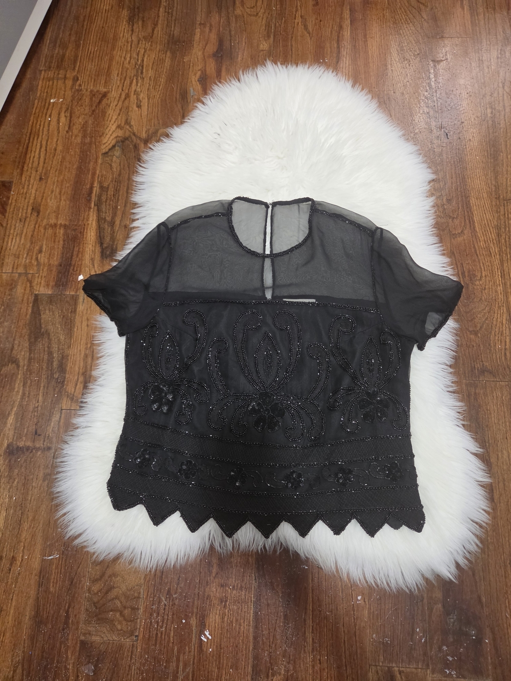 Nipon Night  Black Embellished Sheer Short-Sleeve Top